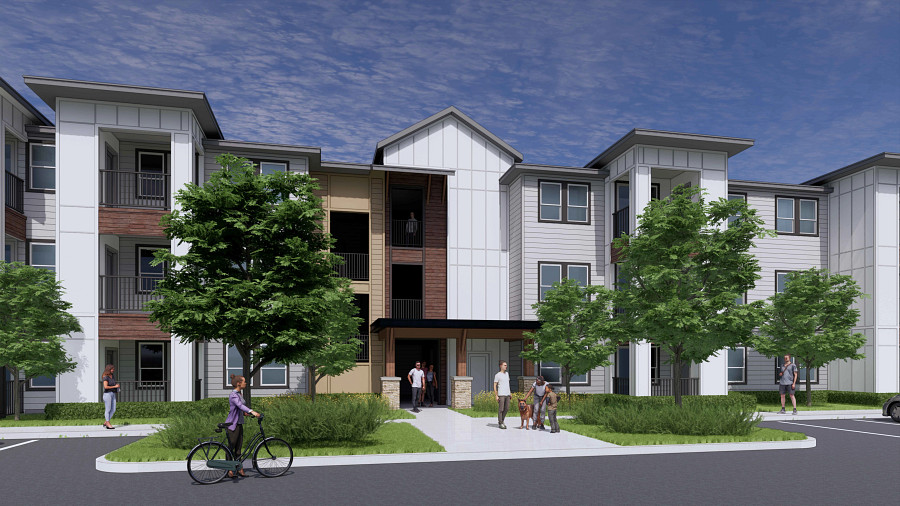 Rendering shows depiction of what the new apartment community will look like. Featured is an apartment building with a white vinyl siding exterior, and brown decorative wood trim siding on the balconies. There are several trees surrounding the building an